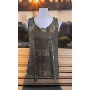 Emi & Joe Women Metallic Gold & Gray Sleeveless Top w/Beaded Necklace L NWT